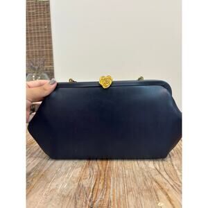 Vintage Navy Blue Clutch Purse with Gold Rose Clasp – Classic Evening Bag